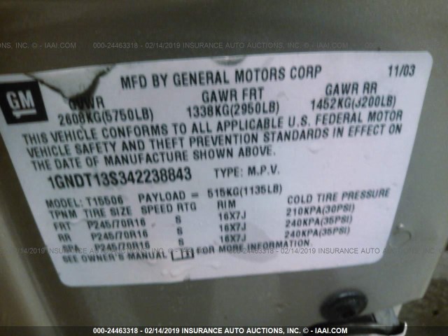 1GNDT13S342238843 - 2004 CHEVROLET TRAILBLAZER LS/LT TAN photo 9