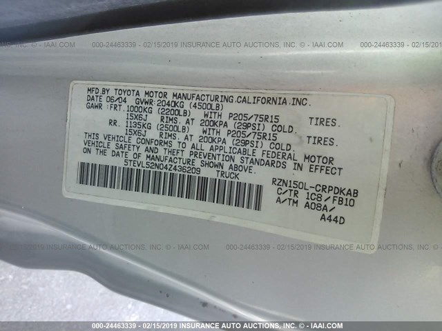 5TEVL52N04Z436209 - 2004 TOYOTA TACOMA XTRACAB SILVER photo 9