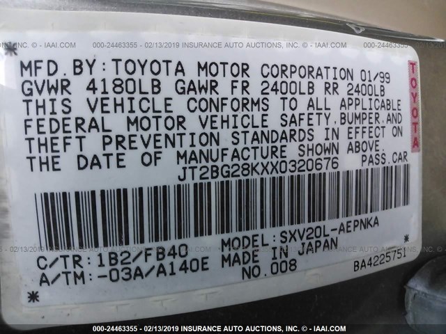 JT2BG28KXX0320676 - 1999 TOYOTA CAMRY LE/XLE 棕色 照片 9