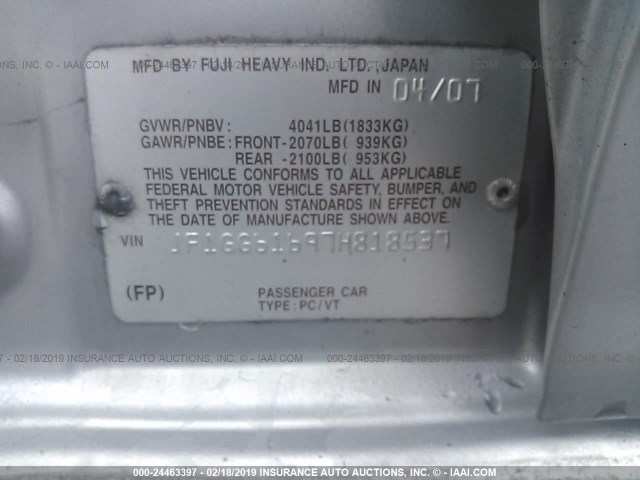 JF1GG61697H818537 - 2007 SUBARU IMPREZA 2.5I GRAY photo 9