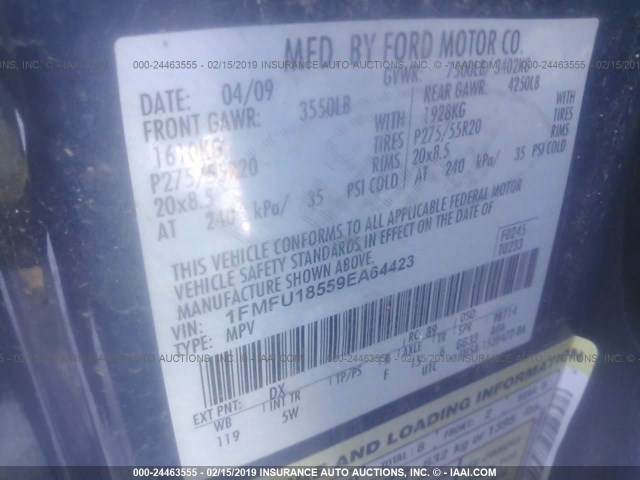 1FMFU18559EA64423 - 2009 FORD EXPEDITION EDDIE BAUER BLUE photo 9