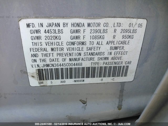 JHMCN36445C004468 - 2005 HONDA ACCORD HYBRID SILVER photo 9