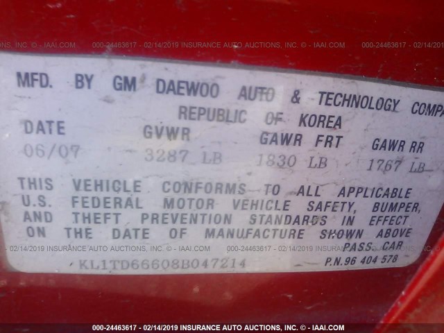 KL1TD66608B047214 - 2008 CHEVROLET AVEO LS RED photo 9