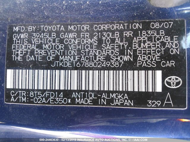 JTKDE167880249387 - 2008 TOYOTA SCION TC ლურჯი ფოტო 9