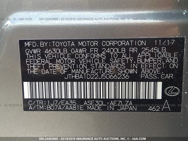 JTHBA1D22J5066236 - 2018 LEXUS IS 300 GRAY photo 9