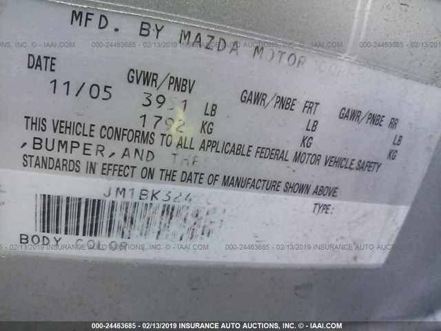 JM1BK324X61458992 - 2006 MAZDA 3 S SILVER photo 9