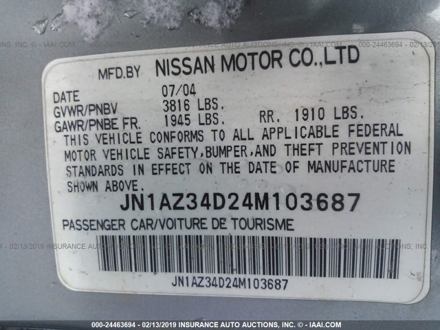 JN1AZ34D24M103687 - 2004 NISSAN 350Z COUPE BLACK photo 9