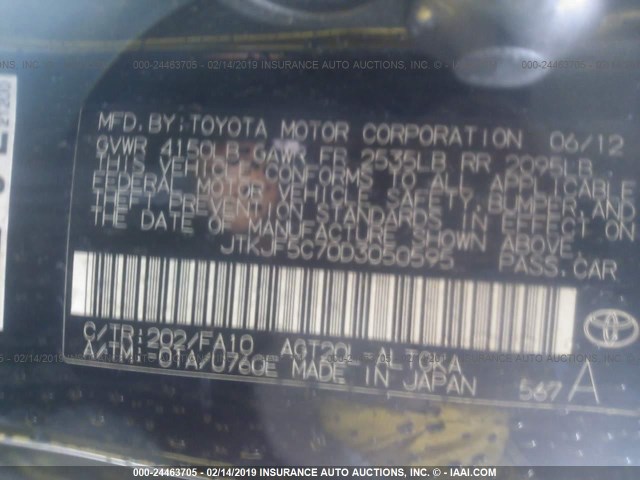 JTKJF5C70D3050595 - 2013 TOYOTA SCION TC BLACK photo 9