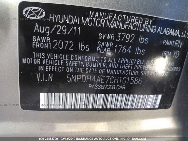 5NPDH4AE7CH101586 - 2012 HYUNDAI ELANTRA GLS/LIMITED GRAY photo 9