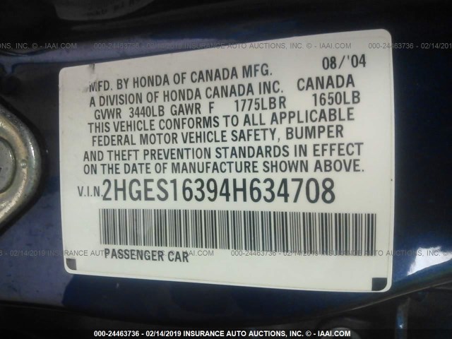 2HGES16394H634708 - 2004 HONDA CIVIC DX VP BLUE photo 9