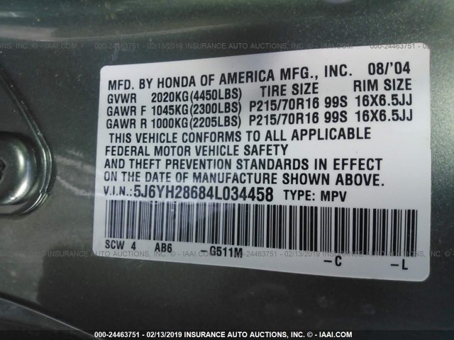 5J6YH28684L034458 - 2004 HONDA ELEMENT EX GREEN photo 9