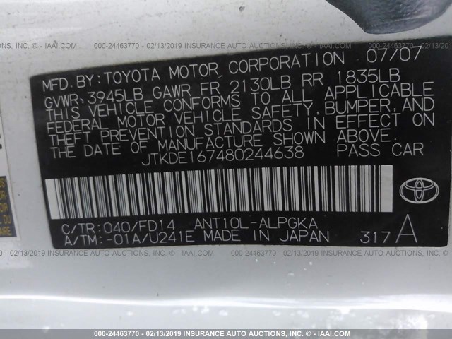 JTKDE167480244638 - 2008 TOYOTA SCION TC WHITE photo 9