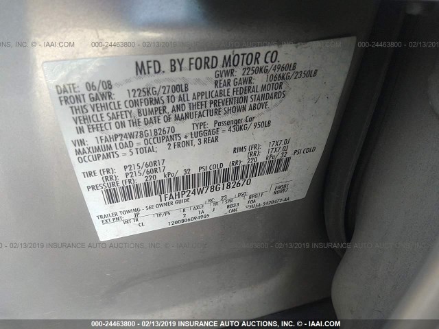 1FAHP24W78G182670 - 2008 FORD TAURUS SEL SILVER photo 9