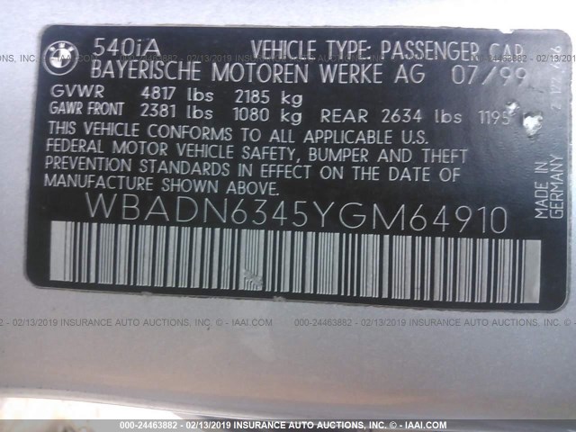 WBADN6345YGM64910 - 2000 BMW 540 I AUTOMATIC GRAY photo 9