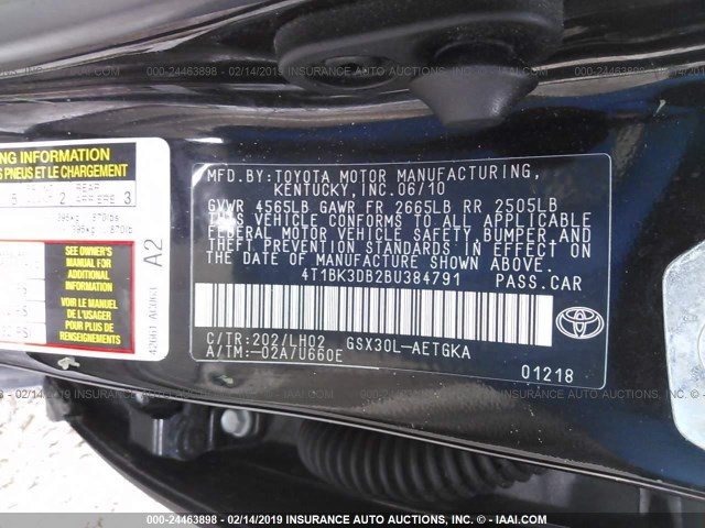 4T1BK3DB2BU384791 - 2011 TOYOTA AVALON LIMITED BLACK photo 9