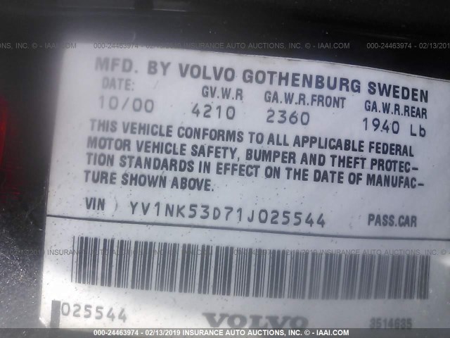 YV1NK53D71J025544 - 2001 VOLVO C70 TURBO BLACK photo 9