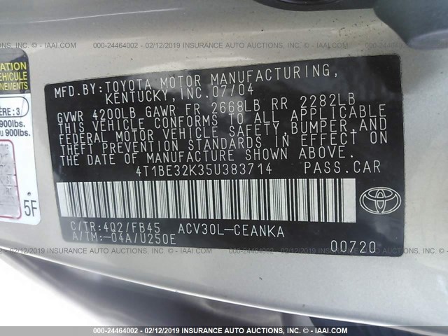 4T1BE32K35U383714 - 2005 TOYOTA CAMRY LE/XLE/SE GOLD photo 9