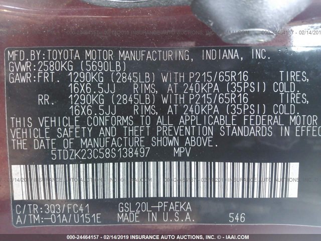 5TDZK23C58S138497 - 2008 TOYOTA SIENNA CE/LE RED photo 9