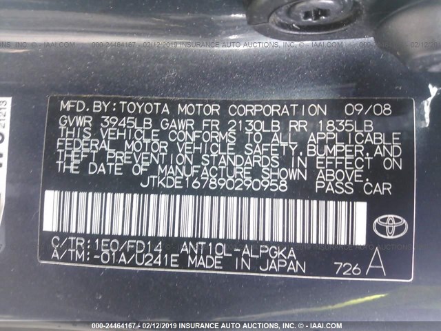 JTKDE167890290958 - 2009 TOYOTA SCION TC GRAY photo 9