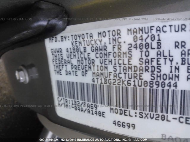 4T1BG22K61U089044 - 2001 TOYOTA CAMRY CE/LE/XLE GRAY photo 9