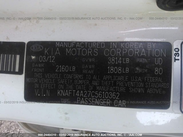 KNAFT4A27C5610362 - 2012 KIA FORTE LX WHITE photo 9