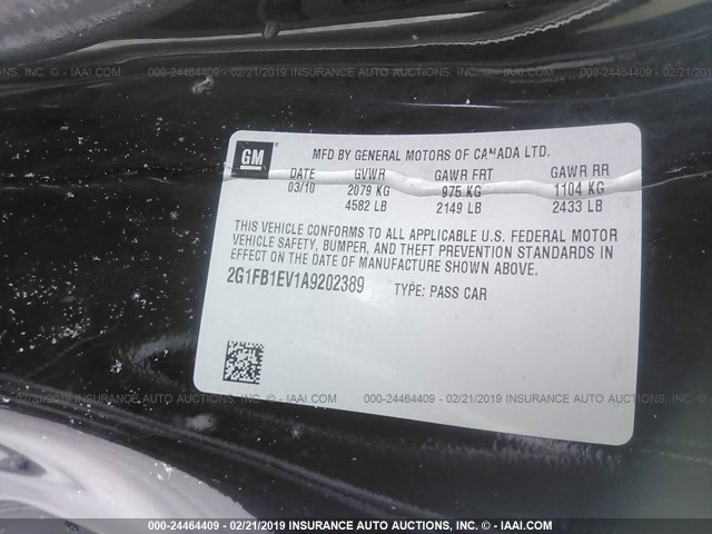 2G1FB1EV1A9202389 - 2010 CHEVROLET CAMARO LT BLACK photo 9