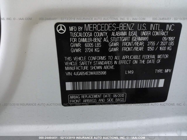 4JGAB54E3WA005998 - 1998 MERCEDES-BENZ ML 320 WHITE photo 9