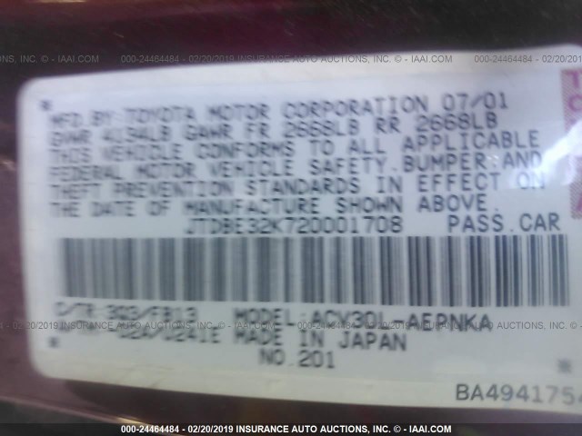 JTDBE32K720001708 - 2002 TOYOTA CAMRY LE/XLE/SE RED photo 9