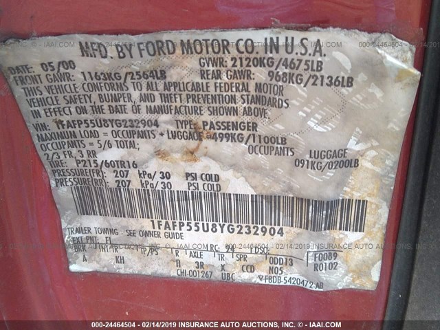 1FAFP55U8YG232904 - 2000 FORD TAURUS SES RED photo 9