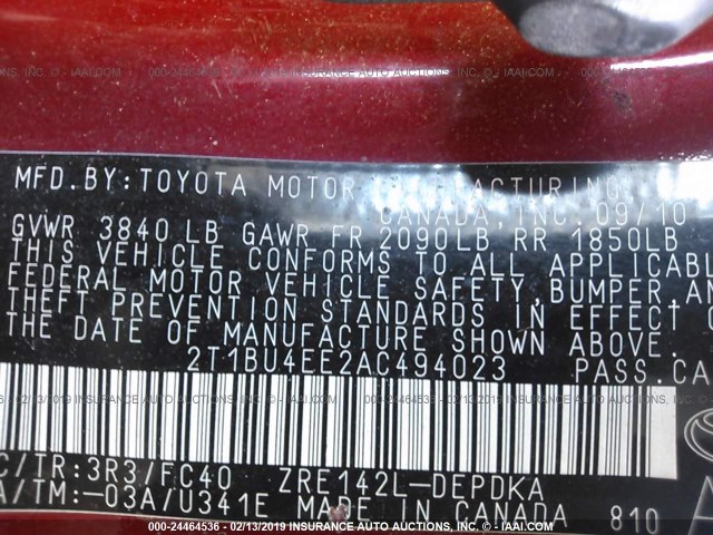 2T1BU4EE2AC494023 - 2010 TOYOTA COROLLA S/LE/XLE RED photo 9