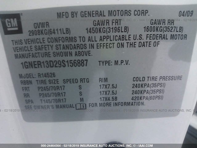 1GNER13D29S156887 - 2009 CHEVROLET TRAVERSE LS WHITE photo 9