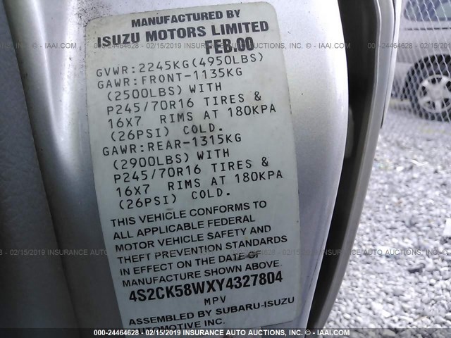 4S2CK58WXY4327804 - 2000 ISUZU RODEO S/LS/LSE SILVER photo 9