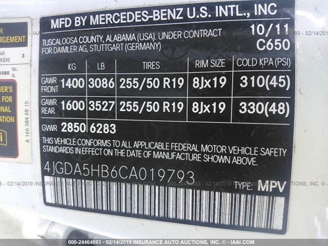 4JGDA5HB6CA019793 - 2012 MERCEDES-BENZ ML 350 4MATIC WHITE photo 9