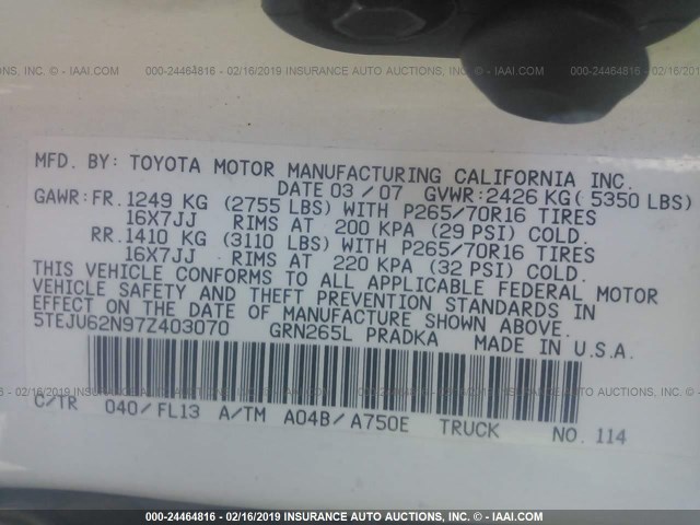 5TEJU62N97Z403070 - 2007 TOYOTA TACOMA DOUBLE CAB PRERUNNER WHITE photo 9