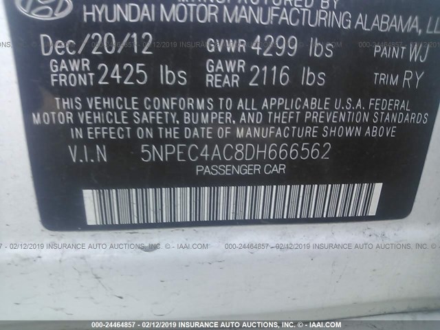 5NPEC4AC8DH666562 - 2013 HYUNDAI SONATA SE/LIMITED WHITE photo 9