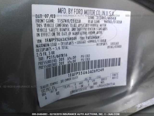 1FAFP55U63A269249 - 2003 FORD TAURUS SES GRAY photo 9