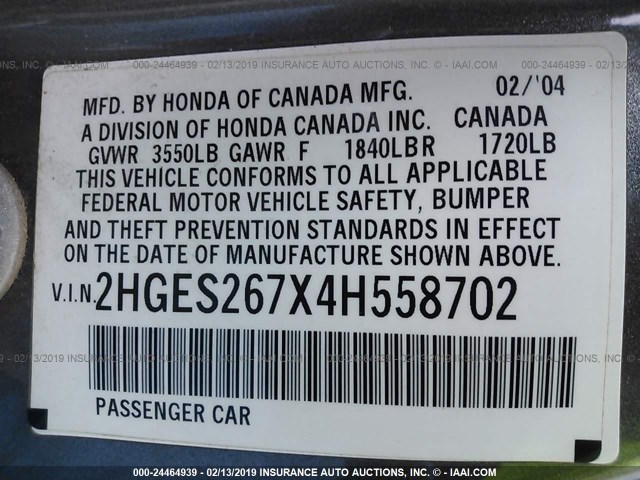 2HGES267X4H558702 - 2004 HONDA CIVIC EX Boz foto 9
