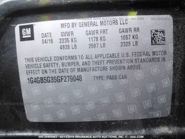 1G4GB5G35GF279048 - 2016 BUICK LACROSSE GRAY photo 9