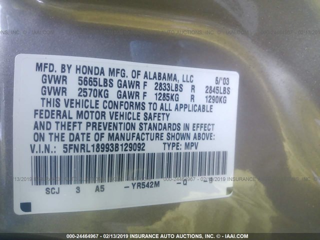 5FNRL18993B129092 - 2003 HONDA ODYSSEY EXL GOLD photo 9