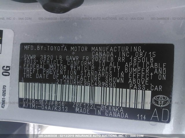 2T1BURHE9GC499690 - 2016 TOYOTA COROLLA L/LE/LE PLS/PRM/S/S PLS SILVER photo 9