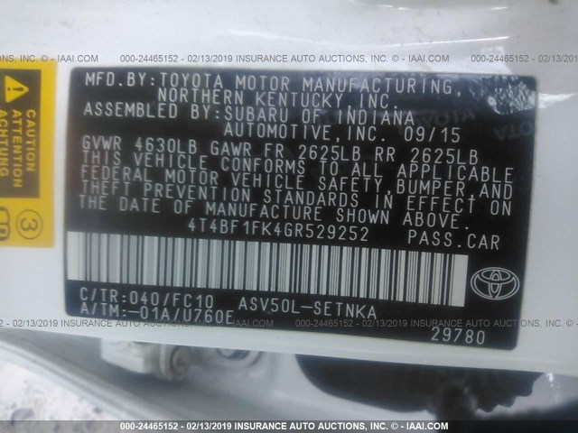 4T4BF1FK4GR529252 - 2016 TOYOTA CAMRY LE/XLE/SE/XSE თეთრი ფოტო 9