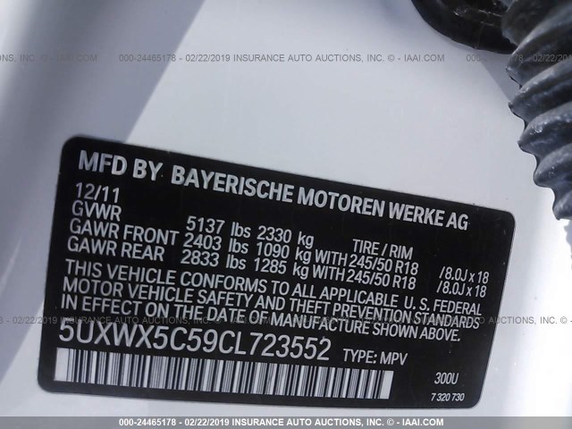 5UXWX5C59CL723552 - 2012 BMW X3 XDRIVE28I WHITE photo 9