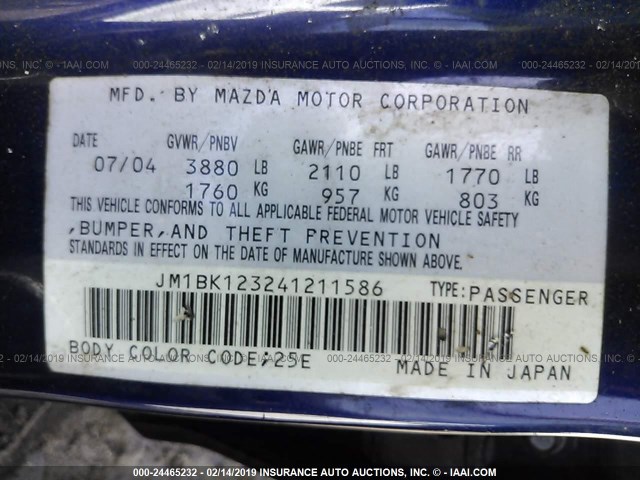 JM1BK123241211586 - 2004 MAZDA 3 S BLUE photo 9