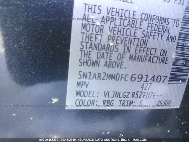 5N1AR2MM0FC691407 - 2015 NISSAN PATHFINDER S/SV/SL/PLATINUM BLUE photo 9