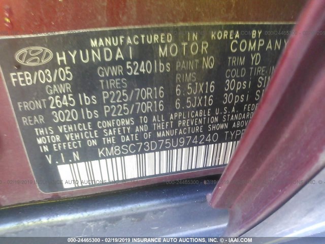 KM8SC73D75U974240 - 2005 HYUNDAI SANTA FE GLS/LX BURGUNDY photo 9