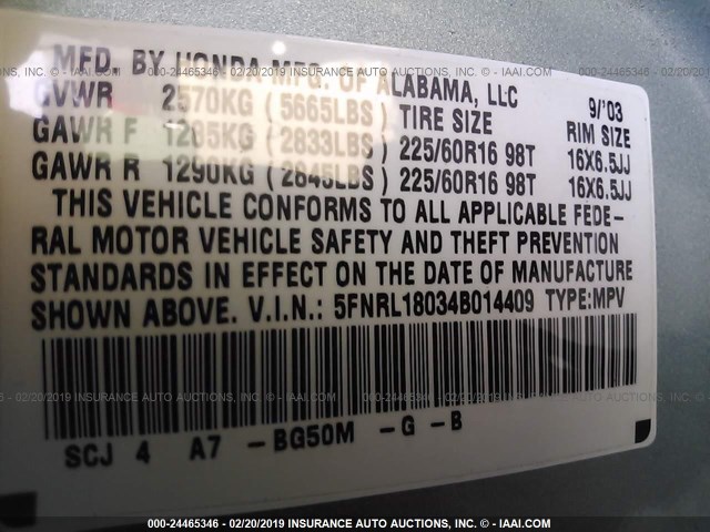 5FNRL18034B014409 - 2004 HONDA ODYSSEY EXL BLUE photo 9