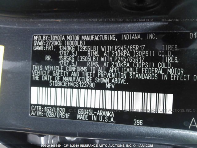 5TDBK3EH4CS123790 - 2012 TOYOTA HIGHLANDER SE GRAY photo 9