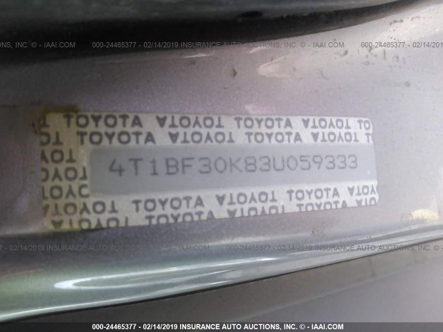 4T1BF30K83U059333 - 2003 TOYOTA CAMRY LE/XLE/SE SILVER photo 9