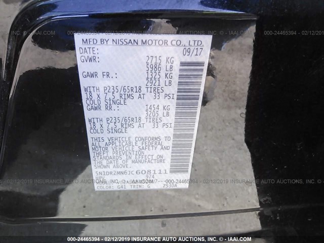 5N1DR2MN6JC608111 - 2018 NISSAN PATHFINDER S/SV/SL/PLATINUM BLACK photo 9