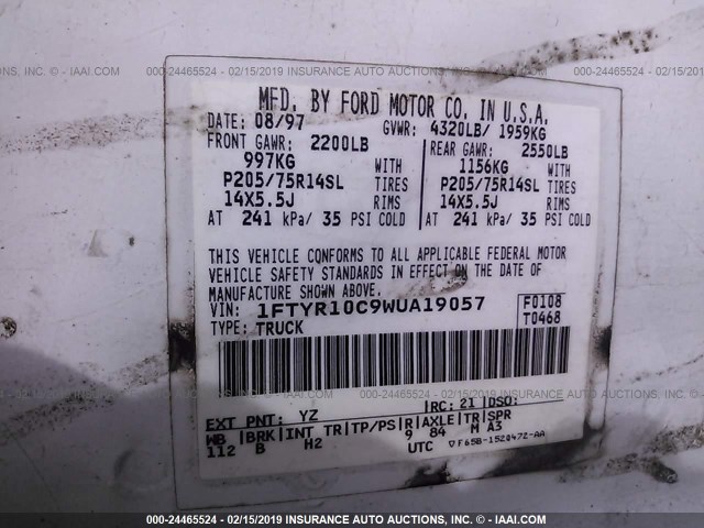 1FTYR10C9WUA19057 - 1998 FORD RANGER WHITE photo 9